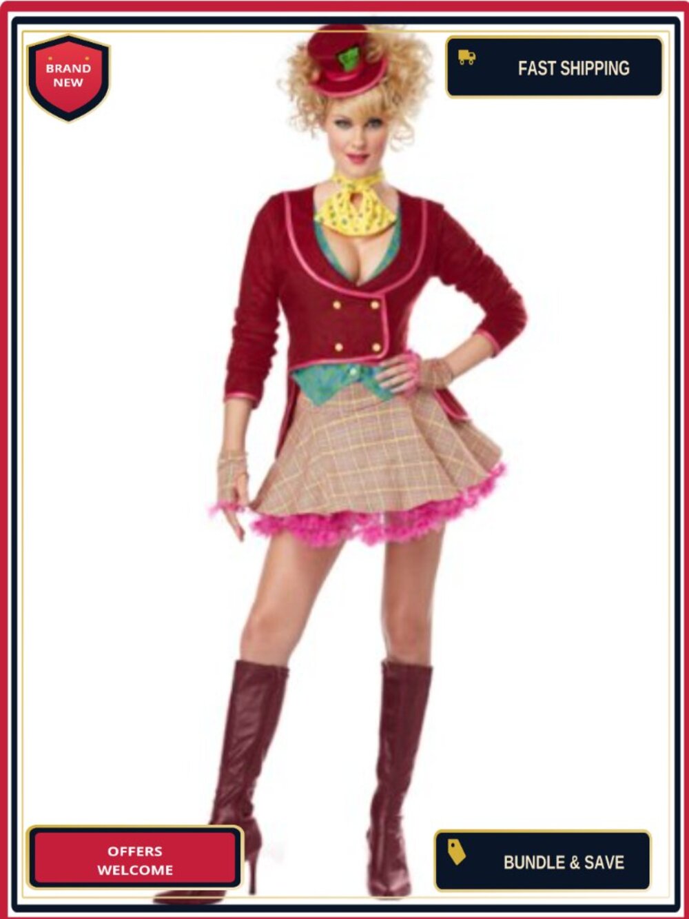 Mad Hatter Halloween Costume Tailcoat Hat Bow Tie Adult Women